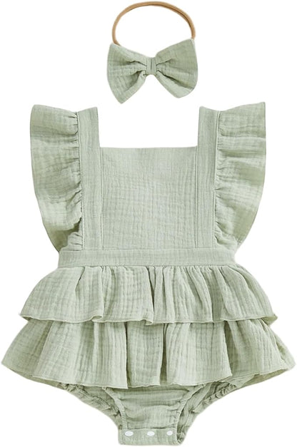 Thorn Tree Baby Girl Summer Clothes Newborn Outfit Ruffle Romper Infant Baby Dress Bow Headband Solid Cute Outfits Girls