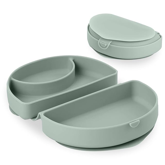 Miniware Baby Travel Plate with Suction - Foldable Silicone Baby Travel Essential to Promote Self-Feeding - Dishwasher Safe, BPA Free, Silicone Baby Plate For On The Go - Eucalyptus Silifold