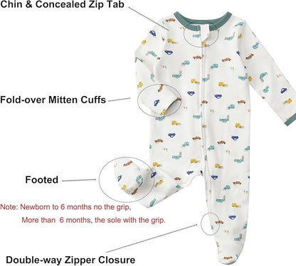 Aablexema Baby Footed Pajamas with Mitten Cuffs Zipper 4-Pack Infant Newborn Cotton Long Sleeve Outfit