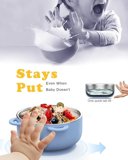 Toddler Feeding Suction Bowls and Utensils Set, 2-in-1 Stainless Steel 304 Kids Bowl & Silicone Suction Baby Bowl with Spoons and Forks, First Self-feeding Training Set, Ocean Explorer