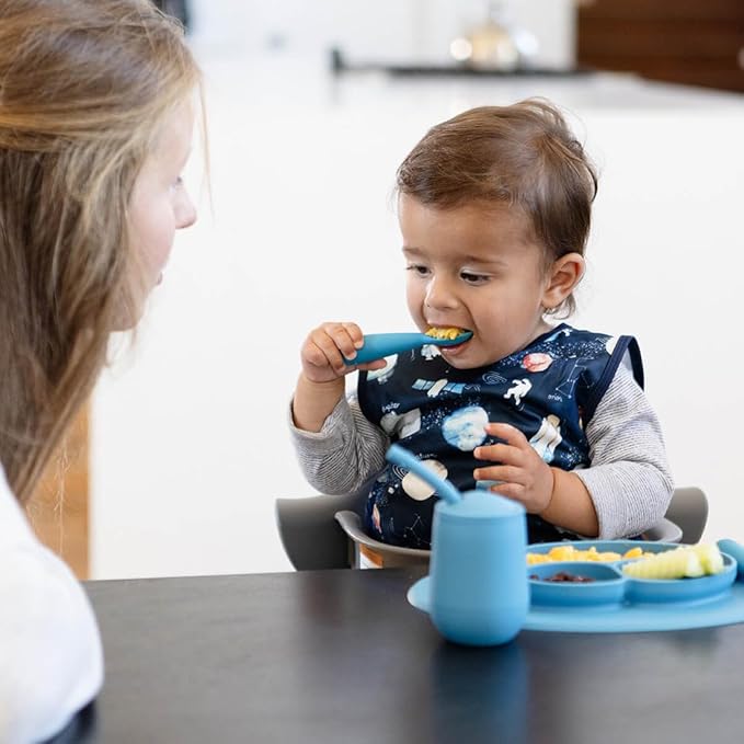 ezpz Mini Utensils - 12 Months+ (Fork & Spoon in Blue) - 100% BPA Free Fork and Spoon - Toddler Utensils - Designed by a Pediatric Feeding Specialist