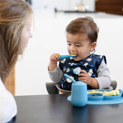 ezpz Mini Utensils - 12 Months+ (Fork & Spoon in Blue) - 100% BPA Free Fork and Spoon - Toddler Utensils - Designed by a Pediatric Feeding Specialist