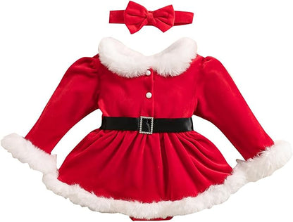 Newborn Christmas Outfit Baby Girl Plaid Romper Dress Infant Ruffle Long Sleeve Ribbed Bodysuit Headband Clothes