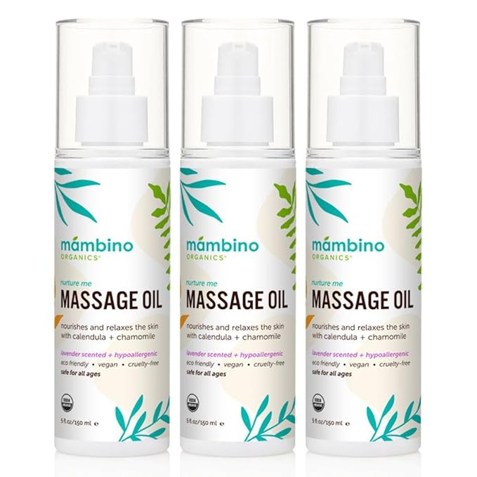 Mambino Organics Massage Baby Oil, Body Oil for After Shower, Egyptian Calendula, Chamomile & Lavender Infused, Gentle for Baby & Kids, 5 fl oz, 3-Pack