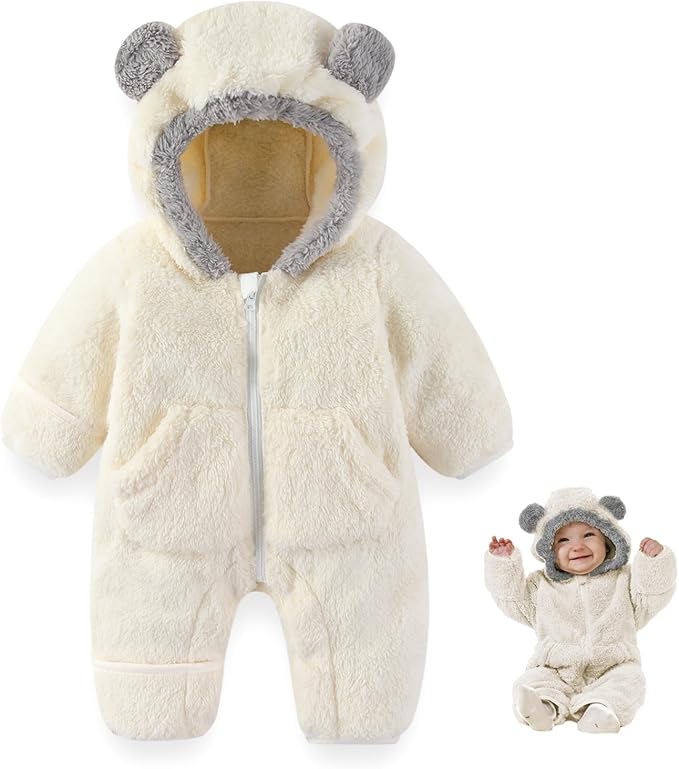 Newborn Baby Bear Outfit Suit With Fold-Over Mittens Footies Girls Boys Winter Fleece Clothes Hooded Romper Snowsuit