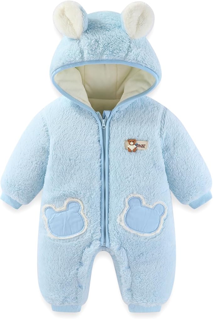 JiAmy Baby Fleece Snowsuit Newborn Hooded Winter Outfits Infant Boys Girls Hooded Zipper Jumpsuit Romper
