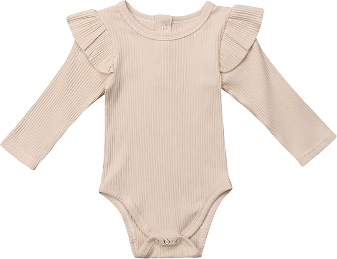 Mubineo Infant Baby Girl Basic Plain Rib Knit Ruffle Long Sleeve Romper Bodysuit Tops