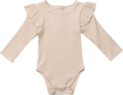 Mubineo Infant Baby Girl Basic Plain Rib Knit Ruffle Long Sleeve Romper Bodysuit Tops