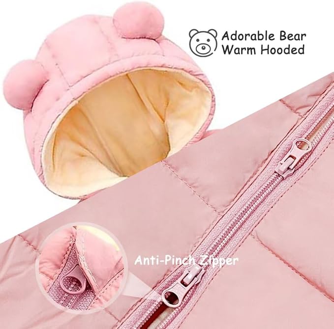 BYFRI Baby Boys Girls Snowsuit Newborn Cozy Winter Coat Infant Bear Hooded Jumpsuit Toddler Snow Outfit for 0-24 Months
