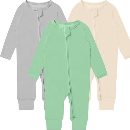 GUISBY Long Sleeve Cotton Pajamas Footless Baby Bodysuits with Zipper and Mittens 3-Pack for Boys Girls
