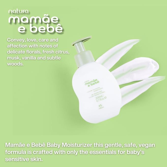 natura - Mamãe e Bebê Baby Fast Absorbing Moisturizer - 100% Vegan - Vegetable Oil & Cupuaçu Butter - 98.8% Natural Origin - All Skin Types - Cruelty Free - Baby Essentials - 6.7 fl oz (200ml)