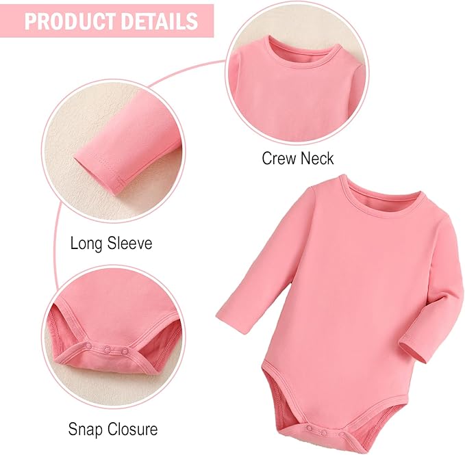 ROMPERINBOX Long Sleeve Onsies Girl 3 Pack Knitted Solid Baby Crew Neck Bodysuit Multicolors 0-24 Months
