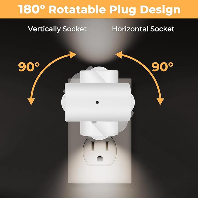 4 Pack Small LED Night Light, Dimmable Plug-in with Dusk to Dawn Auto On/Off, 5000K Daylight Adjustable Brightness (0-200 LM), 180° Rotating Head for Kitchen, Bathroom, Hallway