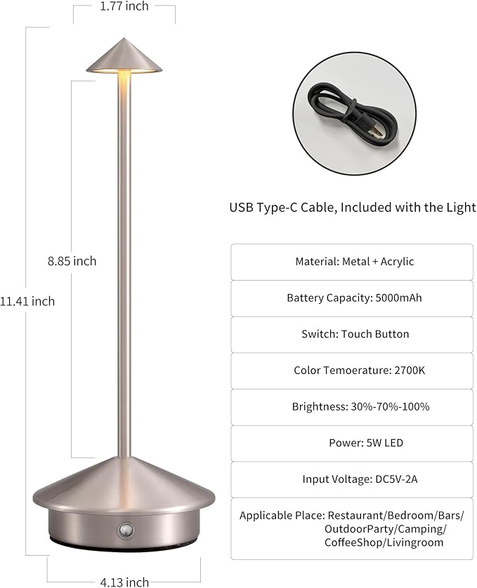 Modern Cordless Table Lamp Set of 2, Portable LED Desk Lamps, 5000mAh Rechargeable Battery Operated Lighting for Bedroom Dining Room Restaurant Coffee Shop Camping Night Light (Brushed Nickel)
