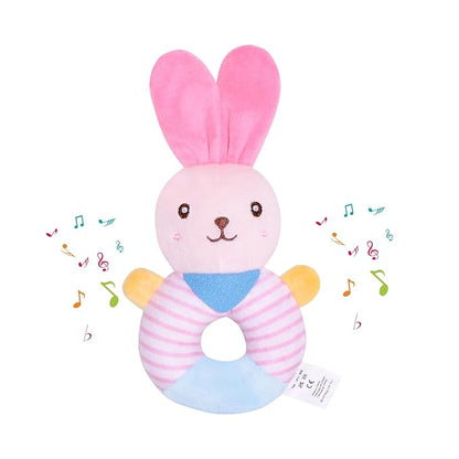 Baby Teether Rattle Toy - Soft Bunny Plush with Crinkle Squeaky Sound, Sensory Shaker for Newborns 0-12 Months, Infant Learning and Travel Stroller Toy