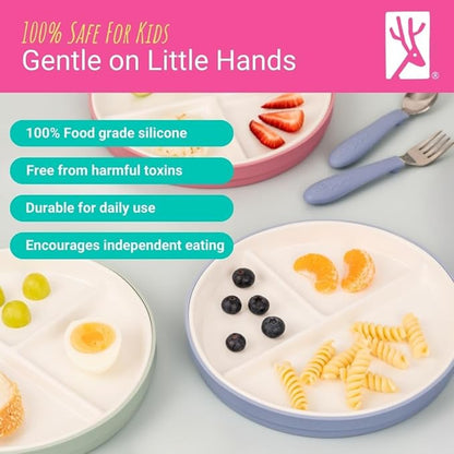 Elk and Friends Kids 7.8” Porcelain White Plates with Silicone Sleeves + Lids | Divided Plates | Suitable for Kids/Toddlers | Microwave & Dishwasher Safe | Non Slip | Snack Dishes…