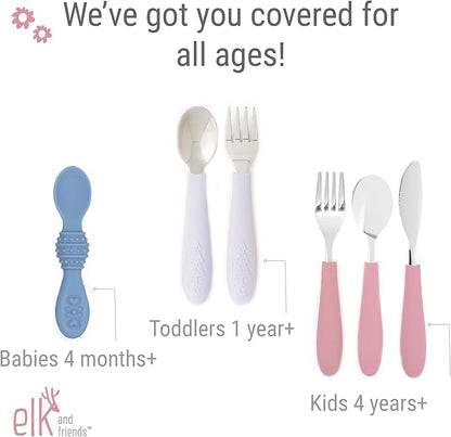 Elk and Friends Silicone Baby Spoons | Travel Case Included | First Stage Infant Toddler Spoon | Baby Led Weaning Stage | Dishwasher Safe