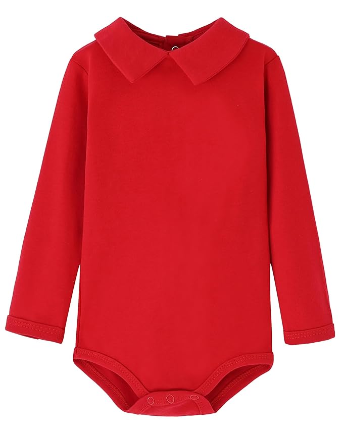 Teach Leanbh Infant Baby Polo Bodysuit Cotton Long Sleeve Pure Color Shirt 3-24 Months (Red/Peter Pan Collar, 6 Months)