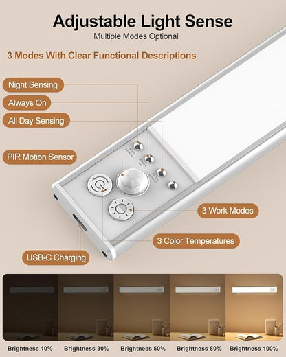Under Cabinet Lighting, LED Motion Sensor Light Indoor with 3 Color Dimmable, 4000mAh Battery Operated Closet Lights Rechargeable Lamp, Magnetic Under Counter Night Lights Used in Cabinet (16 inches)