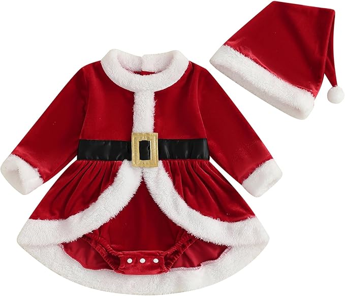 Newborn Christmas Outfit Baby Girl Plaid Romper Dress Infant Ruffle Long Sleeve Ribbed Bodysuit Headband Clothes