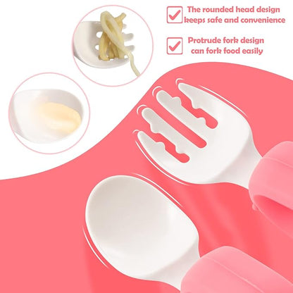 Baby Self Feeding Training Spoon and Fork Set with Travel Case, BPA-Free Cute Circle Toddler Training Utensils, Silicone/ABS Great Tableware Set Spoons Fork for Kids(Yellow)