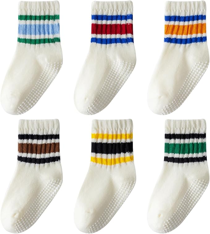 Toddler Grip Socks with Non-Slip, Unisex Baby Retro Stripe Seamless Crew Ankle Cotton Socks for Girls Boys 6 Pairs