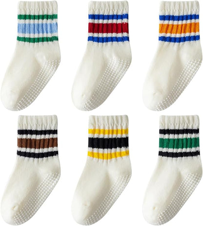 Toddler Grip Socks with Non-Slip, Unisex Baby Retro Stripe Seamless Crew Ankle Cotton Socks for Girls Boys 6 Pairs