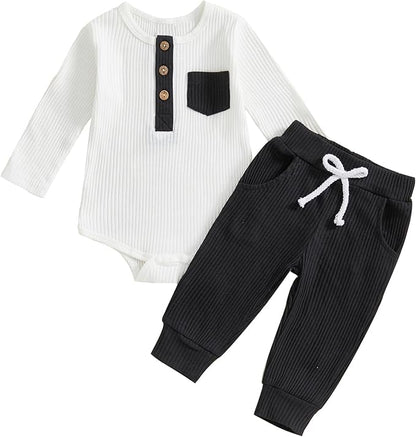 fhutpw Baby Boy Clothes 3 6 12 18 Months Ribbed Knitted Long Sleeve Romper and Pants Sets Newborn Fall Splicing Color Outfits