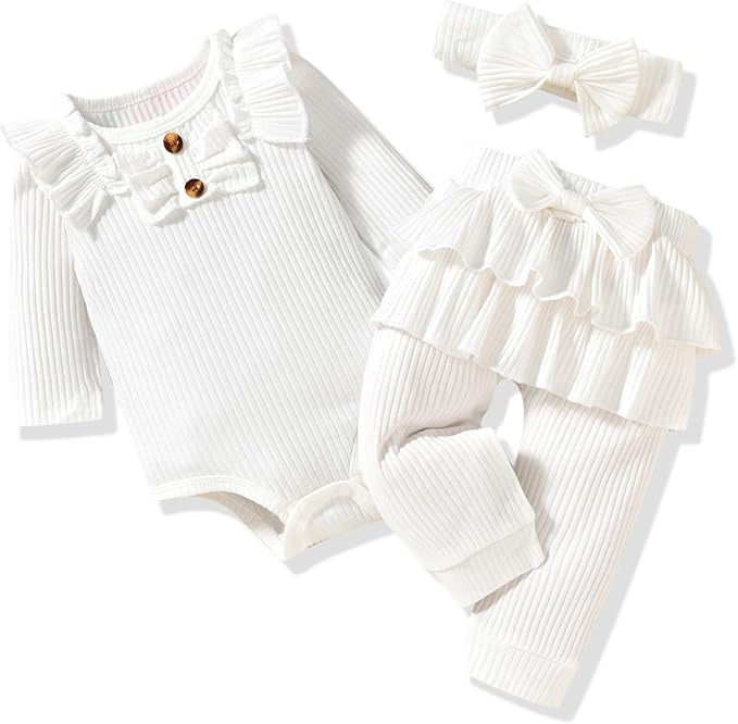 Aalizzwell Preemie Newborn Infant Baby Girls Clothes Ribbed Bodysuit Pants Set Fall Winter Outfits