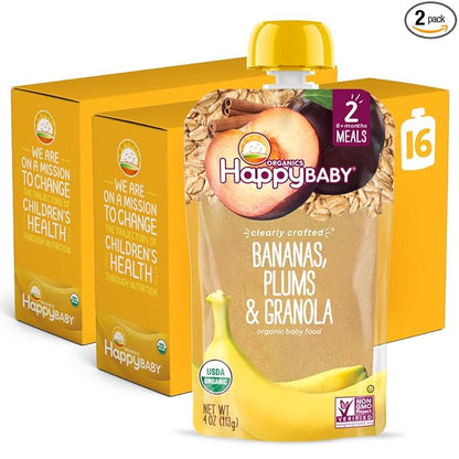 Happy Baby Organics Stage 2 Baby Food Pouches, Gluten Free, Vegan & Healthy Snack, Clearly Crafted Fruit & Veggie Puree, Apples, Bananas, Plums & Granola, 4 Ounces (Pack of 16)