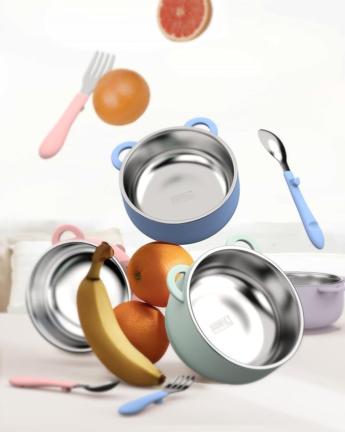 Suction Toddler Bowls and Feeding Utensils Set, 2-in-1 Stainless Steel 304 Kids Bowl & Silicone Suction Baby Bowl with Spoons and Forks, First Self-feeding Training Set, Unicorn Magic