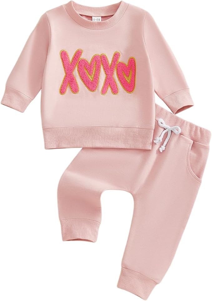 Toddler Girl Valentines Day Outfit Waffle Heart Sweatshirt Pants Set Baby Girls Spring Pullover Top Jogger Clothes