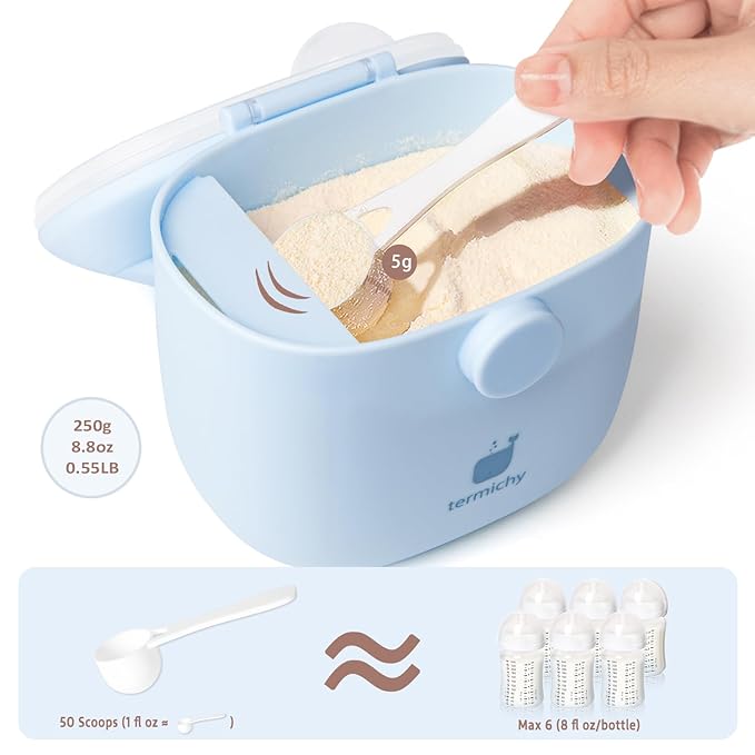 Termichy Baby Formula Dispenser, Portable Milk Powder Dispenser Container with Carry Handle and Scoop for Travel Outdoor Activities with Baby Infant, 8.8OZ, 0.55LB, 250g, 500ml (Light Blue)