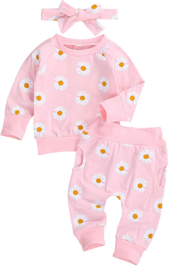 3Pcs Baby Girl Outfits Daisy Sweatshirt + Pants + Headband Infant Fall Winter Clothes