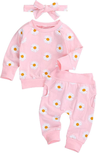 3Pcs Baby Girl Outfits Daisy Sweatshirt + Pants + Headband Infant Fall Winter Clothes