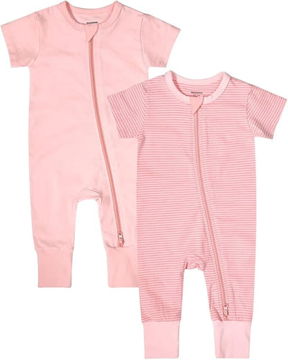 Teach Leanbh Baby Boys Girls 2-Pack Romper Jumpsuits Cotton 2 Way Zipper Short Sleeve Footless Sleep and Play 3-24 Months