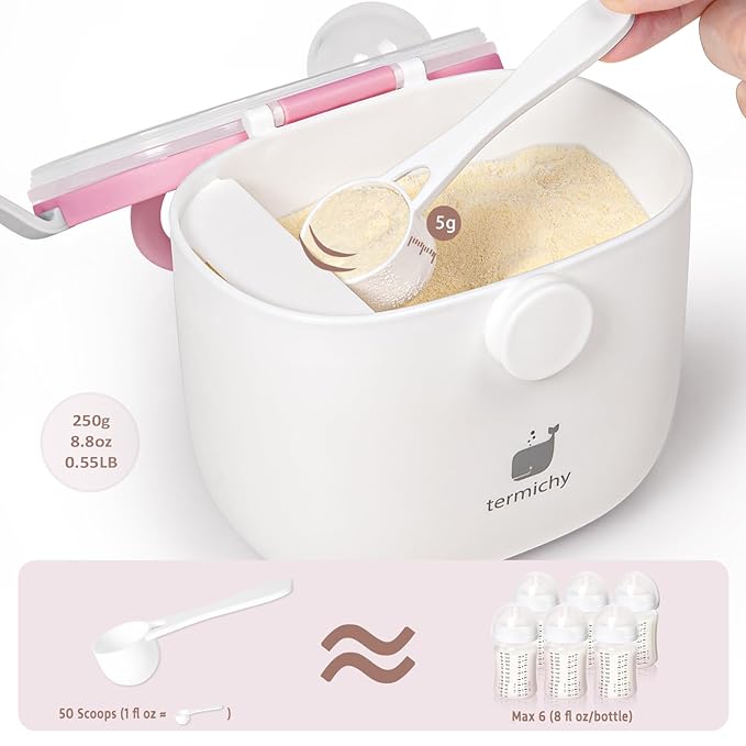 Termichy Baby Formula Dispenser, Portable Milk Powder Dispenser Container with Carry Handle and Scoop for Travel Outdoor Activities with Baby Infant, 8.8OZ, 0.55LB, 250g,500ml (Baby Pink)