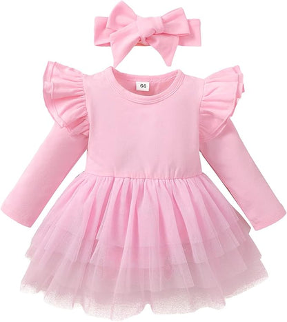 Baby Girl Clothes Infant Ruffle Sleeve Romper Dress Newborn Solid Tutu Skirt Sets Jumpsuit Headband Outfit