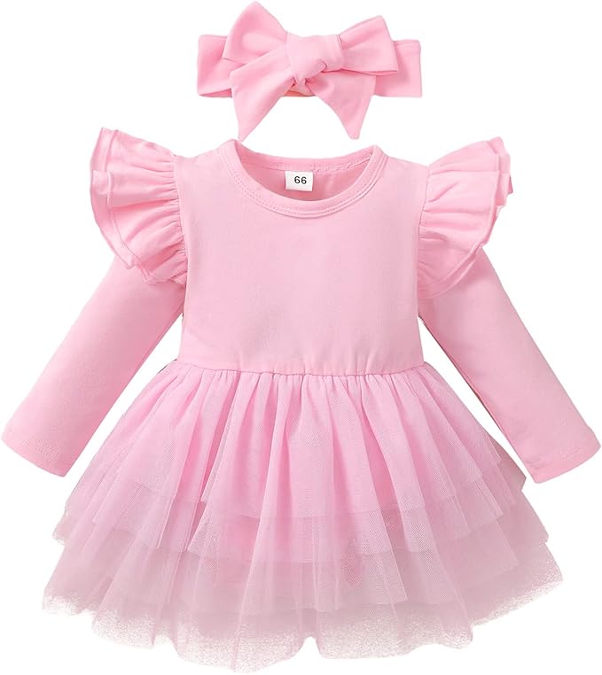 Baby Girl Clothes Infant Ruffle Sleeve Romper Dress Newborn Solid Tutu Skirt Sets Jumpsuit Headband Outfit