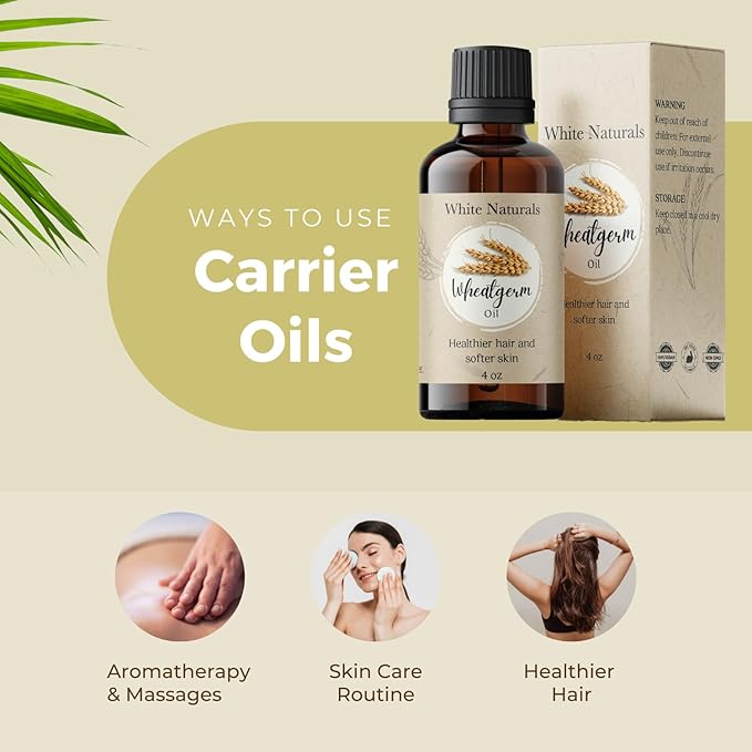 Wheatgerm Carrier Oil, Cold-pressed Unrefined, Organic 100% Pure, Wheat Germ, Rich in Vitamin E, For Skin, Hair, Nails & Stretch Marks