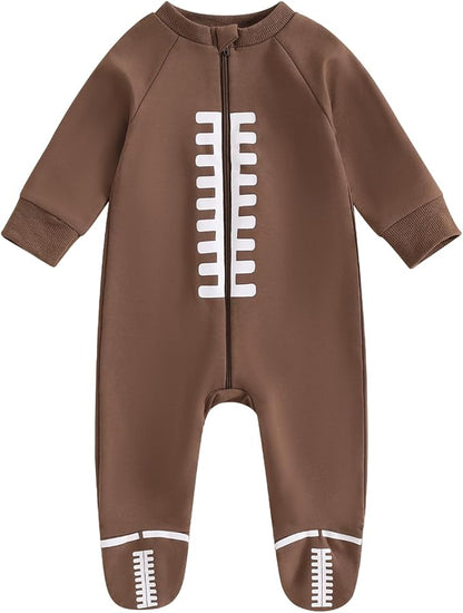 allshope Newborn Baby Boy Girl Fall Outfit Romper Sweatshirt Football Rugby Print Onesie Jumpsuit Bodysuit Infant Clothes