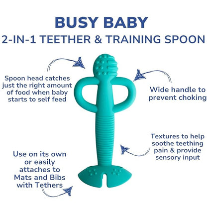Busy Baby Teething Spoon - 2-in-1 Teether and Training Spoon for Self Feeding, Dishwasher Safe, BPA Free, Food Grade Silicone (Spearmint)