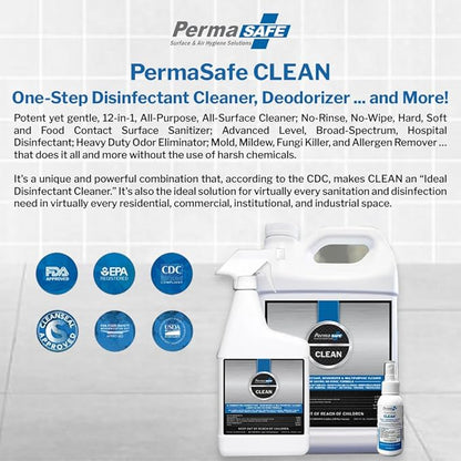 PermaSafe CLEAN 1-Step Disinfectant, Deodorizer & All-Purpose Cleaner; Soft, Hard & Food Surface Sanitizer; Kills 99.9% of Bacteria, Viruses, Molds - Child, Pet, Planet & All Surface Safe (3oz 2-pk)