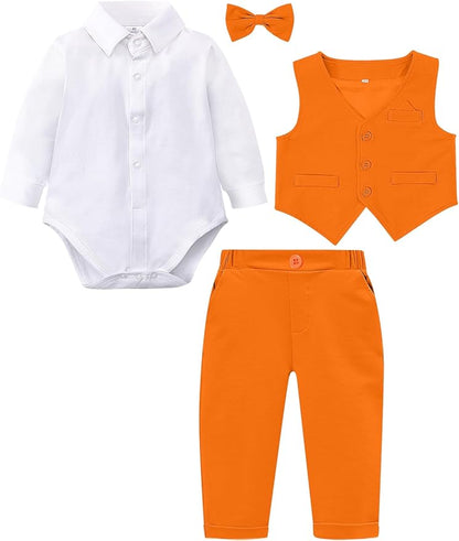 A&J DESIGN Baby Boy Suits Clothes Infant Toddler Formal Gentleman Outfits, Dress Shirt + Vest + Bow Tie + Pants Wedding Set