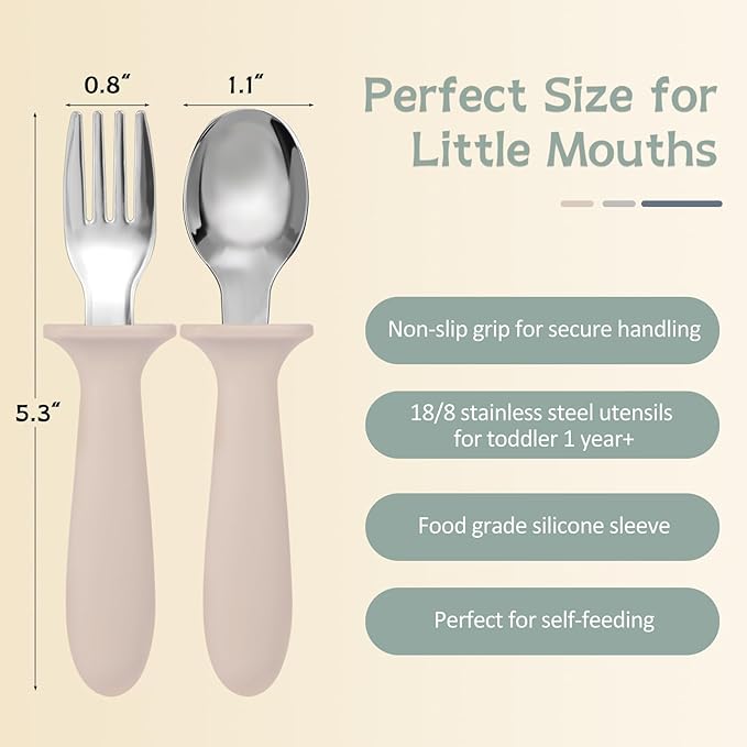 Toddler Forks and Spoons Set, 6 Pack Kids Silverware with Silicone Hand, 18/8 Stainless Steel Children Safe Toddler Utensils, BPA Free, Dishwasher Safe