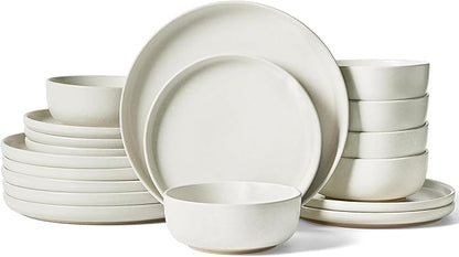 Famiware Milkyway Plates and Bowls Sets, 18 Pieces Dinnerware Sets, Reactive Glaze Dish Set, Stoneware Dishes Set for 6, Matte Beige White