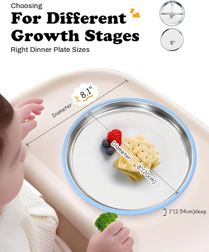 8" Stainless Steel Baby Suction Plate, Toddler Plates with Removable Silicone Sleeves, Non Toxic Unbreakable Led Weaning Supplies Kids Snack Dishes Set of 4, Sage Blue Beige Lilac