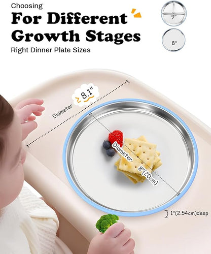 8" Stainless Steel Baby Suction Plate, Toddler Plates with Removable Silicone Sleeves, Non Toxic Unbreakable Led Weaning Supplies Kids Snack Dishes Set of 4, Sage Blue Beige Lilac