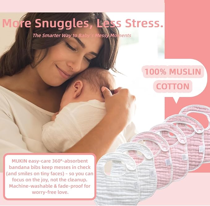 MUKIN Baby Muslin Bibs and Burp Cloths, 6 Pack, Soft Absorbent Cotton, Adjustable