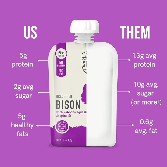 Serenity Kids 6+ Months Baby Food Pouches Puree Made With Ethically Sourced Meats & Organic Veggies | 3.5 Ounce BPA-Free Pouch | Grass Fed Bison, Kabocha Squash, Spinach | 1 Count